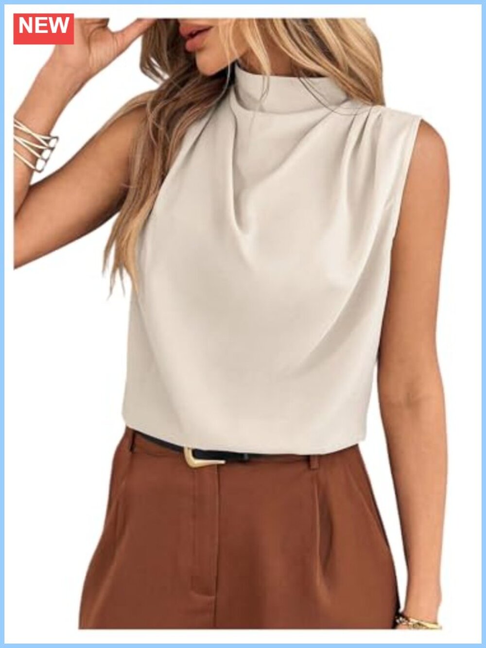 Sleeveless Mock Neck Satin Blouse Draped Ruched Business Casual Top